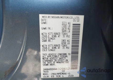 2010 Nissan Titan Le from USA, damaged, VIN 1N6BA0ED4AN320652